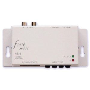 Rectangular white Forte A-BUS AB-61 1 Source 2 Room Hub featuring labeled ports, status lights, and mounting holes.