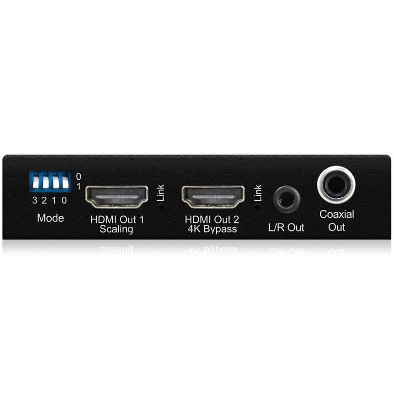Blustream Sc12Sp 4K Hdmi Splitter The back panel of the blustream sc12sp 4k hdmi splitter features a mode switch, two hdmi outputs, a 3. 5mm audio out, a coaxial output, and indicator lights positioned above each port.