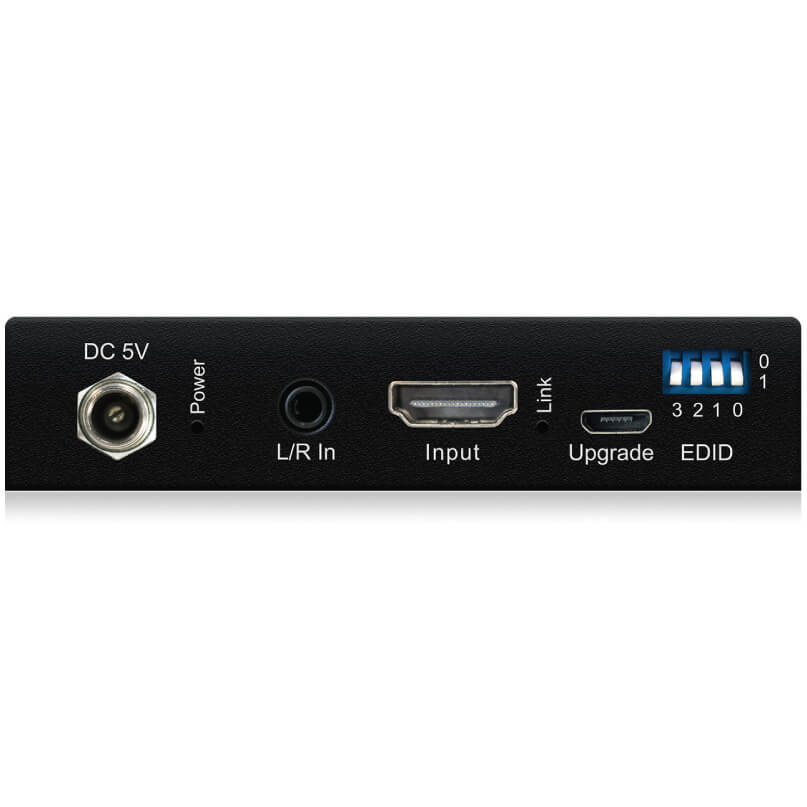 Blustream Sc12Sp 4K Hdmi Splitter Hdmi edid switcher with l/r audio input, 5v dc power jack, upgrade micro-usb port, and blue dip switches.