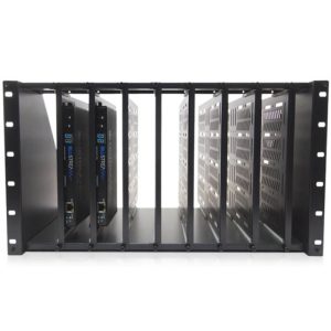 Blustream RSU-6RU Rack Shelf with spaces for multiple modules, two of which are installed on the left side; metal frame and vented side panels are visible.