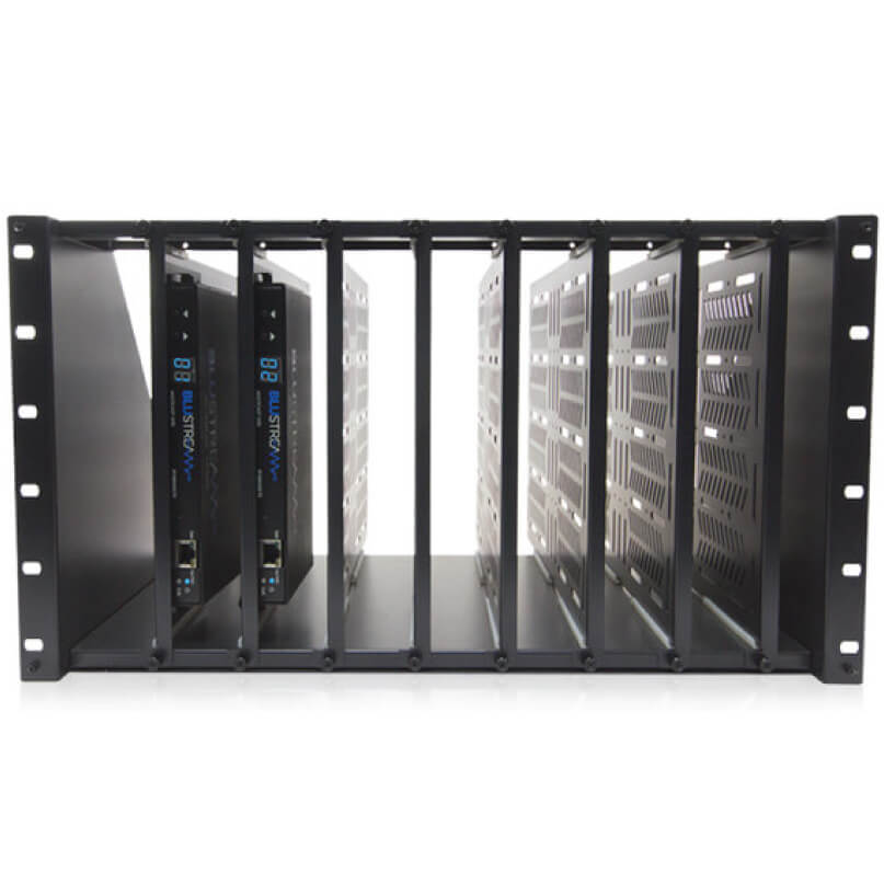 Blustream Rsu-6Ru Rack Shelf Blustream rsu-6ru rack shelf with spaces for multiple modules, two of which are installed on the left side; metal frame and vented side panels are visible.