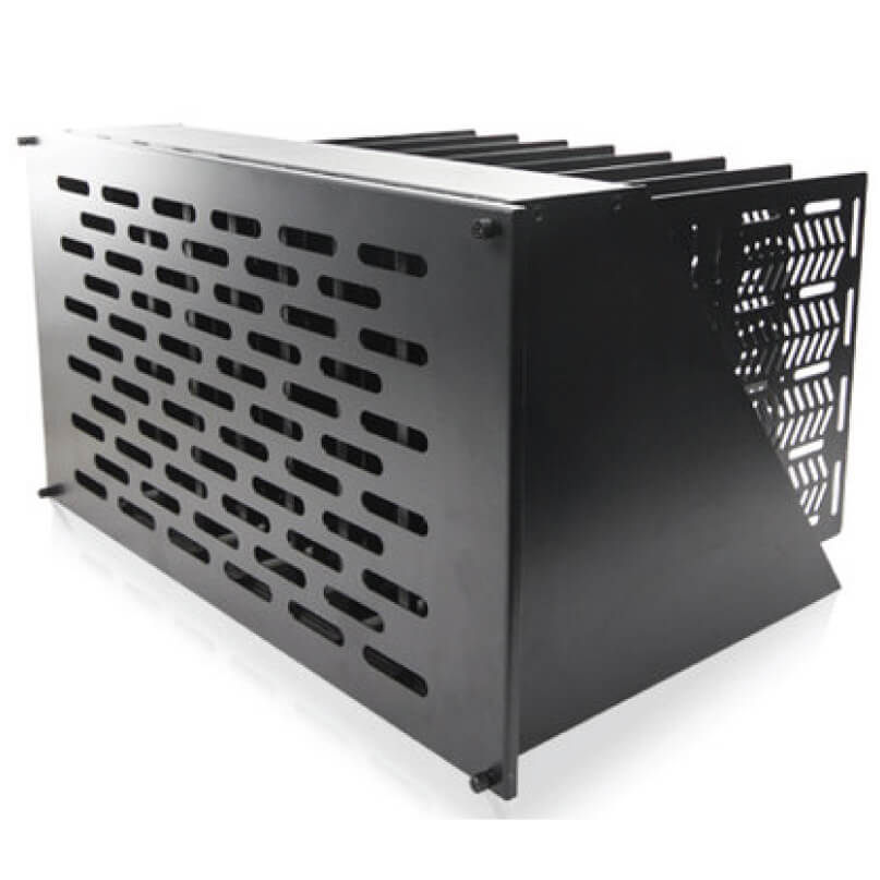 Blustream Rsu-6Ru Rack Shelf Black metal rackmount server chassis with perforated side panels and rear fan ventilation.