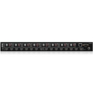 Rear view of the Blustream CMX88AB Contractor 8x8 HDMI 2.0 4K HDCP 2.2 Matrix with Audio Breakout, featuring multiple HDMI and audio ports, control ports, and a network port arranged in a row.