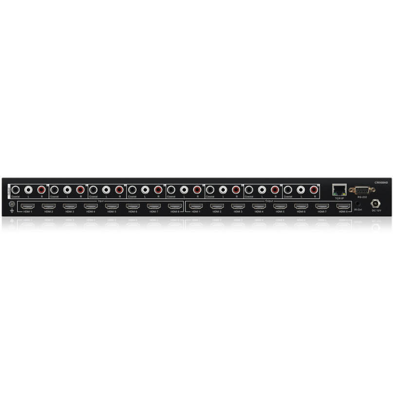 Blustream Cmx88Ab Contractor 8X8 Hdmi 2.0 4K Hdcp 2.2 Matrix With Audio Breakout Rear view of the blustream cmx88ab contractor 8x8 hdmi 2. 0 4k hdcp 2. 2 matrix with audio breakout, featuring multiple hdmi and audio ports, control ports, and a network port arranged in a row.