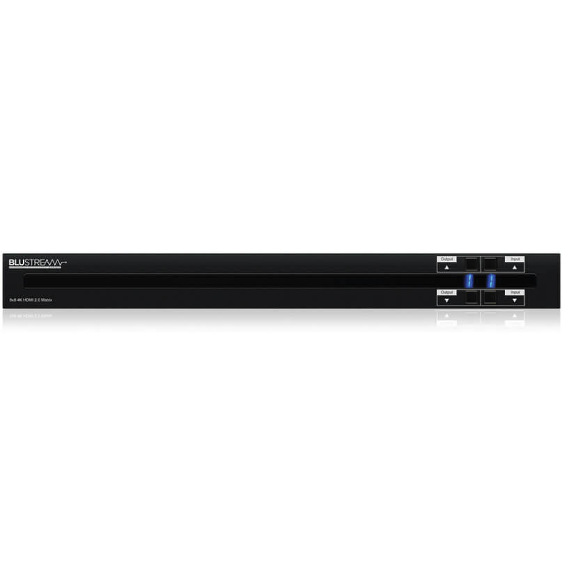 Blustream Cmx88Ab Contractor 8X8 Hdmi 2.0 4K Hdcp 2.2 Matrix With Audio Breakout Blustream hdmi matrix switch, rack-mountable, black front panel with input and output controls on the right.