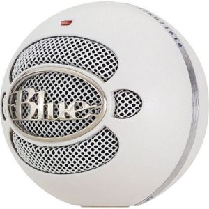 A close-up of a white BlueMicrophones SNOWBALL USB Microphone featuring a metal grille and the Blue logo on the front.