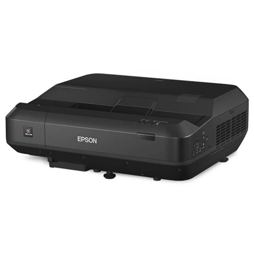 Epson Eh-Ls100 Installation Multimedia Projectors Epson all-in-one inkjet printer, black compact design with flatbed scanner lid and front paper tray.