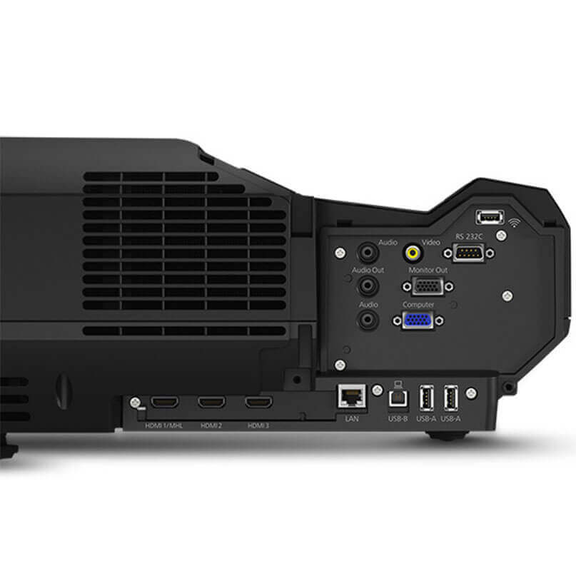 Epson Eh-Ls100 Installation Multimedia Projectors Rear view of a digital projector showing hdmi, monitor out, vga, usb ports, lan, and rs-232.