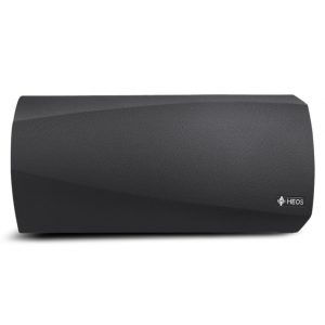 Homepage A black heos 3 hs2 multi room sound system wireless speaker featuring a textured, angular front panel and a small heos logo on the bottom right corner.