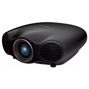 The Epson EH-LS10500 Home Theatre Projector, in black, features a central lens flanked by two ventilation grilles and is displayed against a white background.