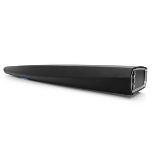 The HEOS BAR TV Soundbar, shown from an angle, features a sleek black rectangular design with a tapered profile and two buttons visible on the right end.