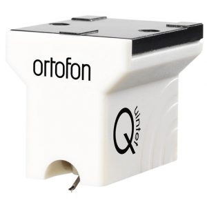 The Ortofon MC Quintet Mono Moving Coil Cartridge features a white body with black accents, displaying the company logo and model name, with the needle oriented downward.