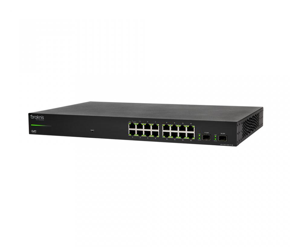 Araknis Networks 310 Series 16-Port L2 Managed Gigabit Switch Front Ports Araknis networks 310 series 16-port l2 managed gigabit switch with front-facing black rack-mountable design, featuring 16 ethernet ports and 2 additional ports on the right, displayed against a plain white background.