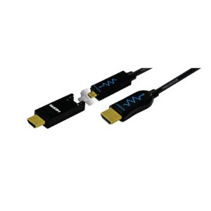 The Blustream HDMI18G Precision 18Gbps Active Optical HDMI Cable (30m), featuring a detachable micro HDMI connector separated from the main cable, is displayed on a white background.