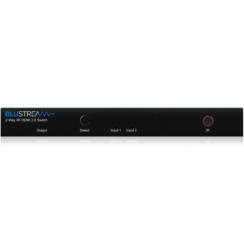 Blustream Sw21Ab-V2 2-Way 4K Hdmi Switch Front view of the blustream sw21ab-v2 2-way 4k hdmi switch displaying the output, select button, input 1, input 2, and ir sensor on a black panel.