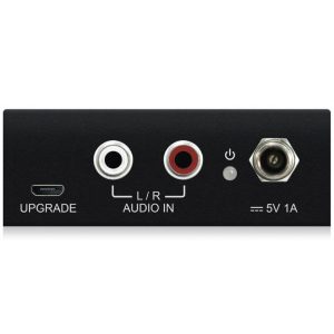 Rear panel of the Blustream AD11AU Audio Delay Processor w/ Volume showing ports labeled UPGRADE (micro USB), L/R AUDIO IN (RCA), a power button, and a 5V 1A power input.