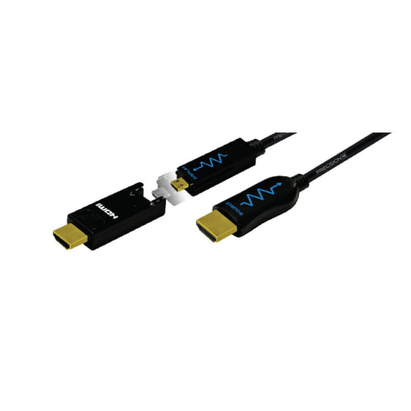 Blustream Hdmi18G Precision 18Gbps Active Optical Hdmi Cable - 50M A blustream hdmi18g precision 18gbps active optical hdmi cable (50m), featuring a black design with gold-plated connectors and a detachable section that reveals internal components, displayed on a white background.