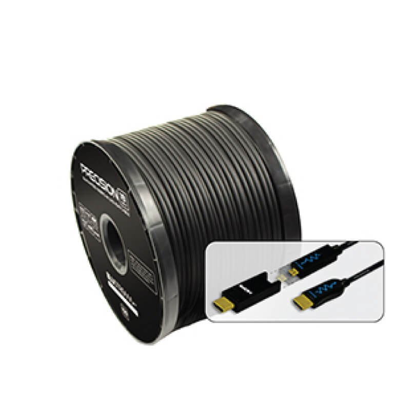 Blustream Hdmi18G Precision 18Gbps Active Optical Hdmi Cable - 50M Coiled black hdmi cable on a spool; inset shows gold-plated hdmi connectors.
