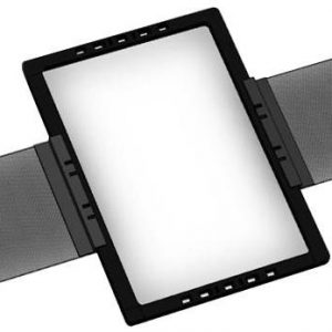 Tablet-like device with black bezel and two large gray side speaker panels.