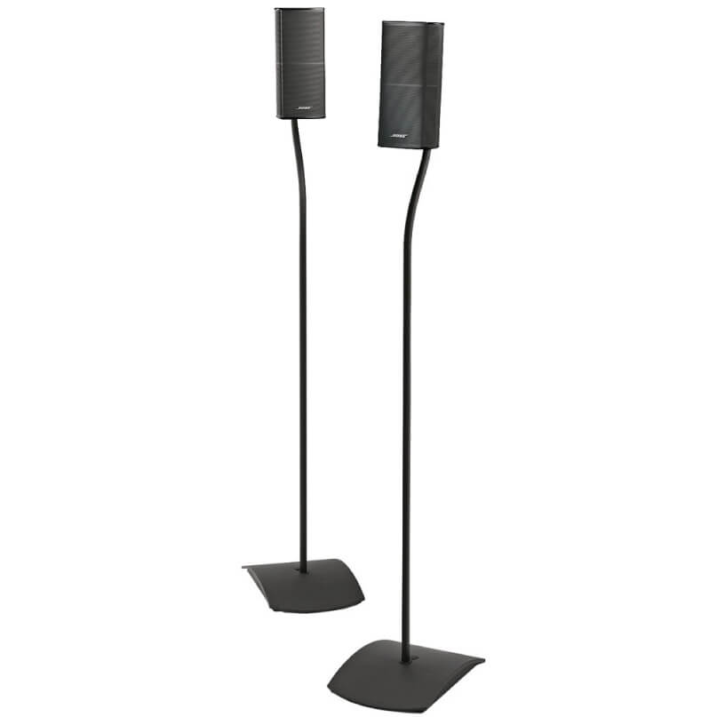 Bose Ufs-20 Series Ii Universal Floorstands-Black/White Pair of bookshelf speakers on tall black stands with curved vertical supports.