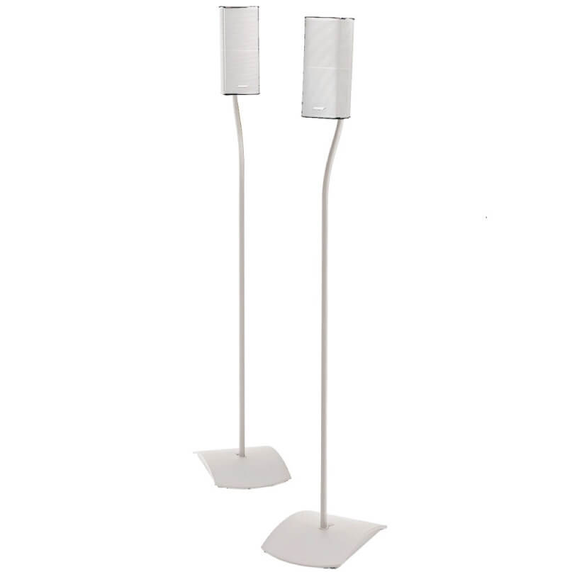 Bose Ufs-20 Series Ii Universal Floorstands-Black/White Pair of white floor-standing speakers with rectangular top enclosures on slim vertical stands and curved bases.