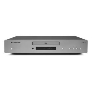 Front view of a silver Cambridge Audio AXC35 CD Player featuring a display screen, disc tray, and five control buttons.