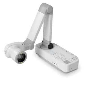 The Epson ELP-DC21 Document Camera is a white device featuring an adjustable arm and built-in control panel, designed for capturing and displaying documents or objects.