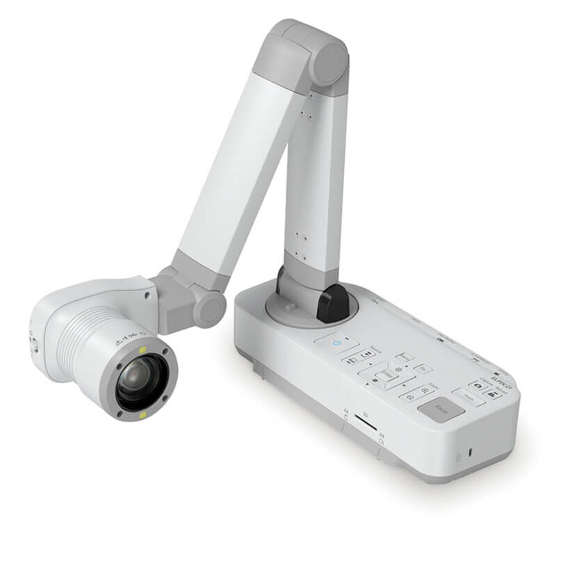 Epson Elp-Dc21 Document Camera The epson elp-dc21 document camera is a white device featuring an adjustable arm and built-in control panel, designed for capturing and displaying documents or objects.
