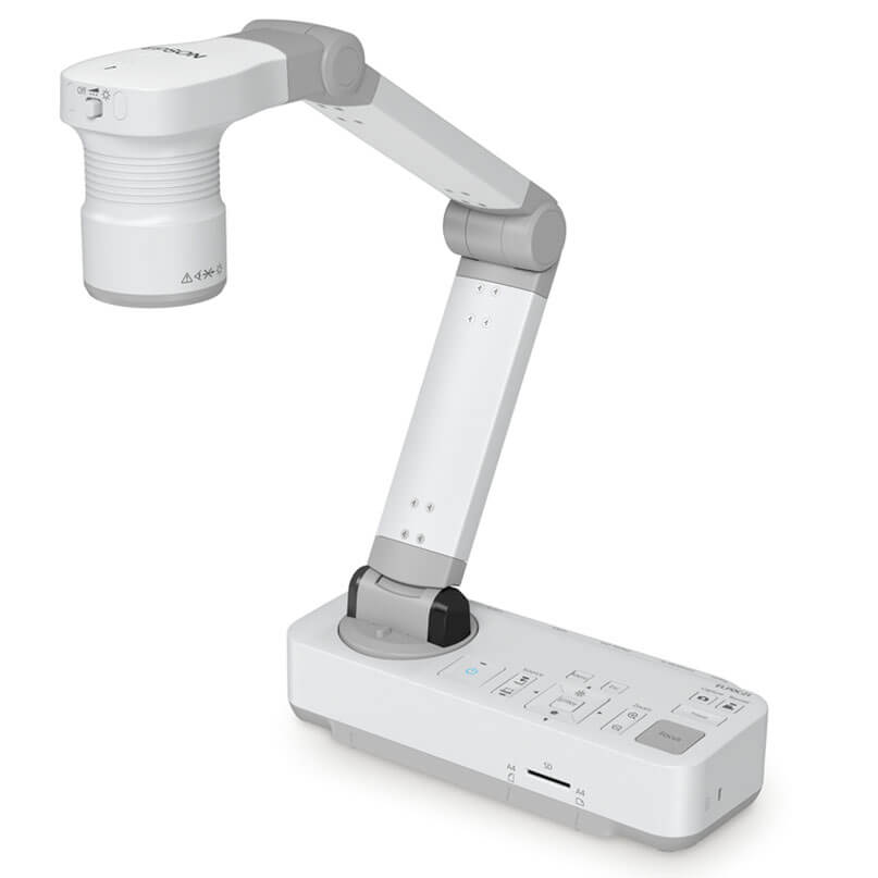 Epson Elp-Dc21 Document Camera White robotic arm with adjustable joints and a cylindrical head mounted on a base with a control panel.