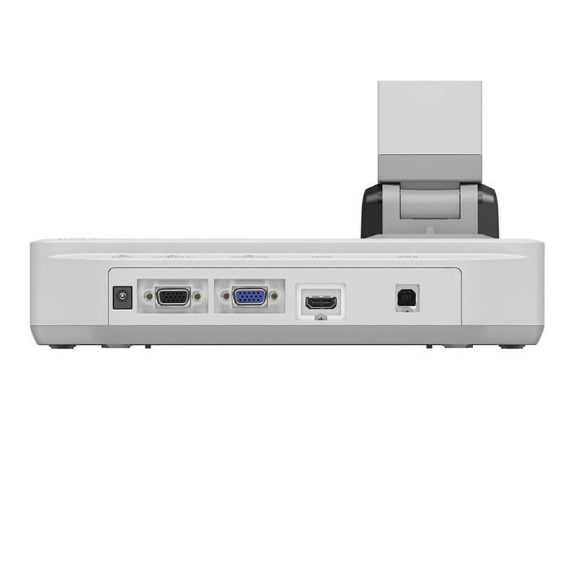 Epson Elp-Dc21 Document Camera Rear view of a white projector with a fold-out mount; connectors include power jack, vga, hdmi, and dvi ports.