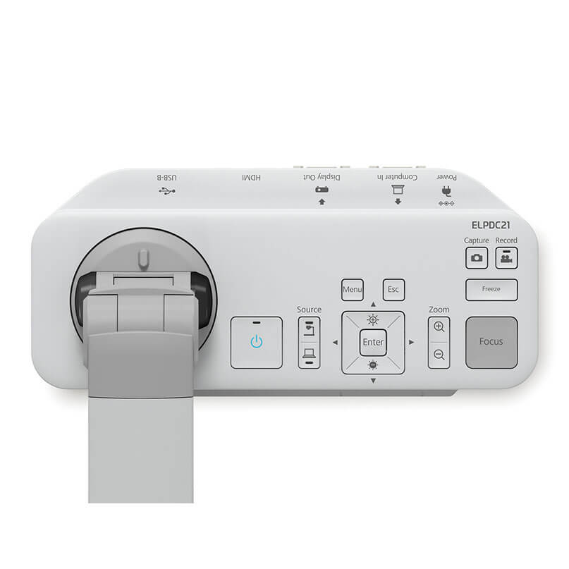 Epson Elp-Dc21 Document Camera White portable projector with lens on the left and a top control panel marked with model elpdc21