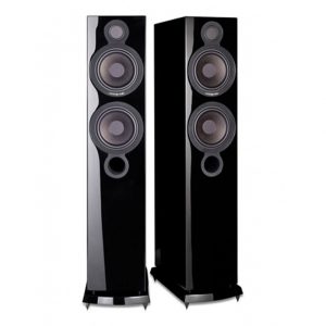 Two tall, black Cambridge Audio Aeromax 6 floorstanding speakers, each featuring three visible drivers, positioned side by side against a white background.