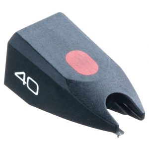 Interdyn Ortofon stylus 40 replacement stylus shown in black with a red dot on top and the number 40 printed in white on the side, photographed against a white background.