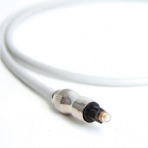 Close-up of the Ice Cable Clear Optical 2M Systems Cable featuring a white TOSLINK connector on a white background.