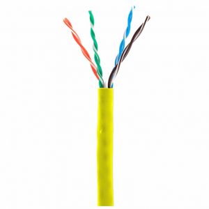 A stripped Ice Cable System Cat 6/Yellow Cable showing its four pairs of twisted wires—orange, green, blue, and brown.
