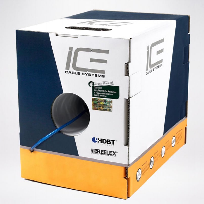 Ice Cable System Cat 6/Yellow Cable Ice cable systems packaging with blue cable feeding through a circular hole in the front panel.