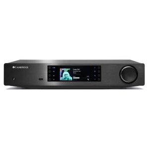 Front view of the Cambridge Audio CXN V2 Network Music Player, featuring a display screen with album art, playback controls, and various buttons on a sleek black metal finish.