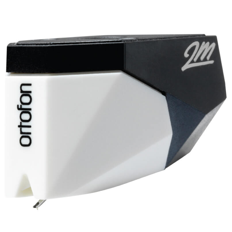 Ortofon 2M Mono Moving Magnet Cartridge The ortofon 2m mono moving magnet cartridge is a white and black turntable cartridge featuring a stylus needle at the tip and “2m” branding on the top right side.