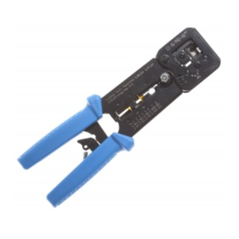 Ice Cable System Ez Tool Hd Connector The ice cable system ez tool hd connector, featuring blue handles, is designed for cutting, stripping, and crimping network cables and is shown on a white background.