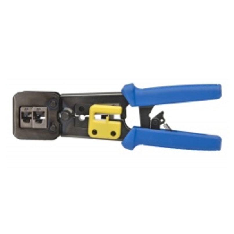 Ice Cable System Ez Tool Hd Connector Blue-handled manual crimping tool with yellow interchangeable jaw insert for electrical terminals.