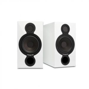 Two Cambridge Audio bookshelf speakers with black drivers on white boxes.