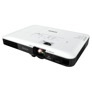 Epson projector with white top and black lens housing, 3LCD Full HD logo, and front control panel.