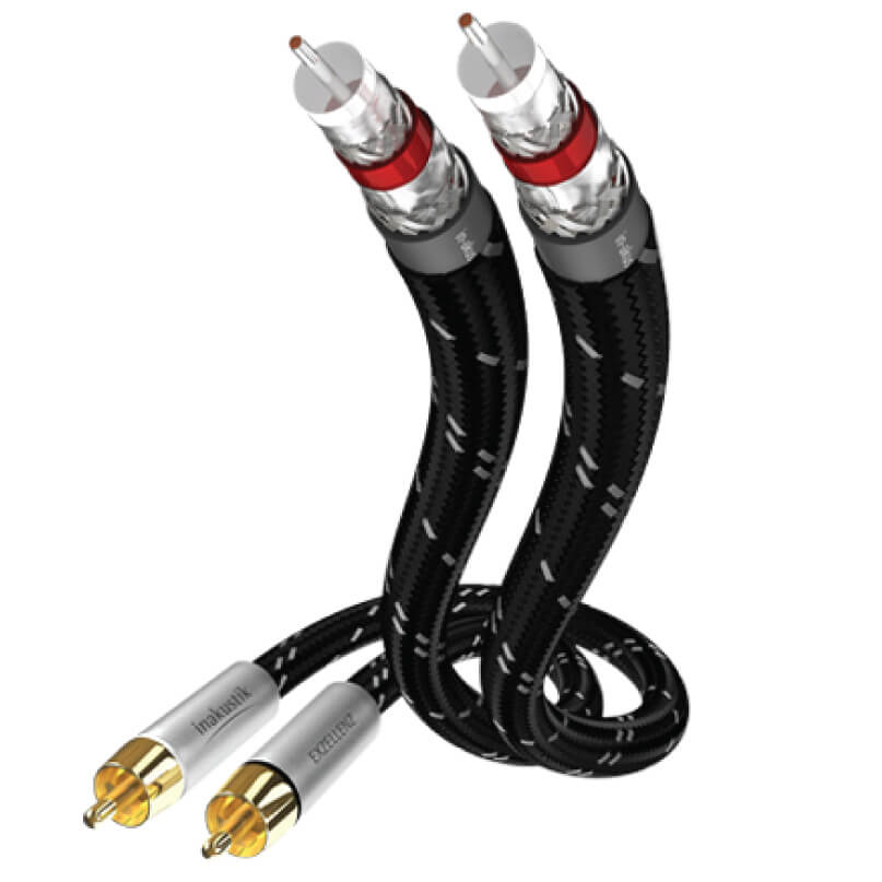 Inakustik Excellence 1.5M Rca-To-Rca Audio Cable Pair of braided black rca interconnect cables with gold-plated plugs and red collar accents.