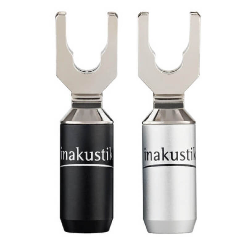 Inakustik Reference Ks-103 Rhodium Spade Plug (Set Of 4) Pair of in-akustik fork-style speaker cable connectors, black and silver housings with chrome fork tips.
