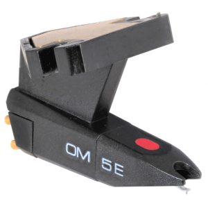 Interdyn Phono cartridge om 5e with black body, red dot, gold pins, and exposed stylus.