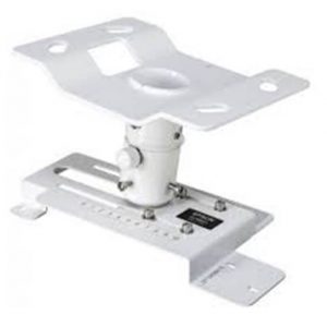 White adjustable mounting stand with vertical pillar, top plate featuring a square cutout and bolt holes for equipment mounting.
