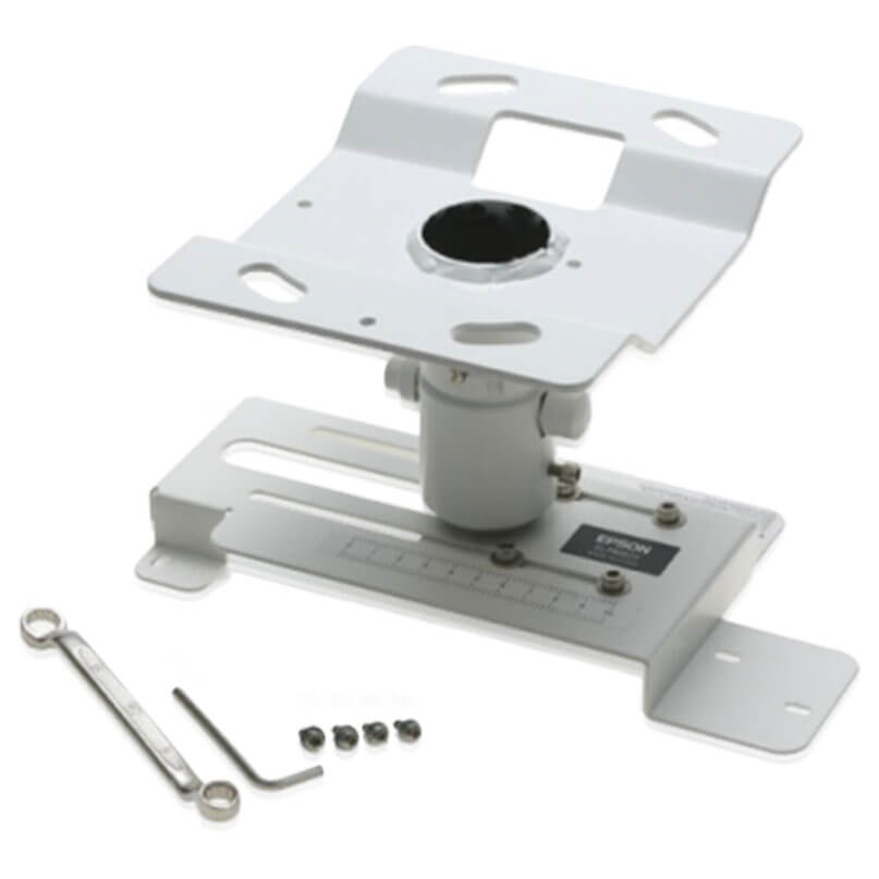 Epson Elp-Mb23 Ceiling Mount White adjustable optical mounting stand with central post, slotted mounting plate, base ruler, and included hex key and screws.