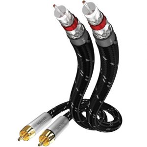 in-akustik Excellence RCA speaker cable pair with braided black sheath and gold-plated connectors.