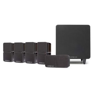 Cambridge Audio surround sound speaker system with multiple black square satellite speakers and a large subwoofer.