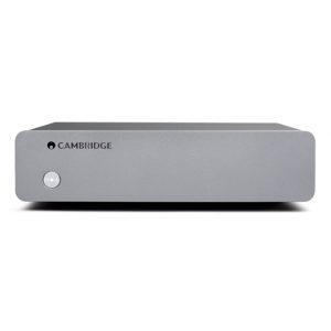 Cambridge Audio compact DAC/amp with a silver front panel and circular power button.